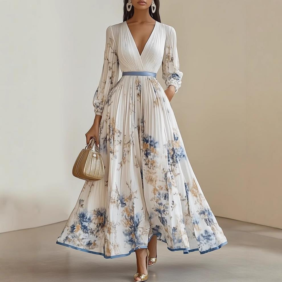 Floral Print V-Neck Pleated Dress